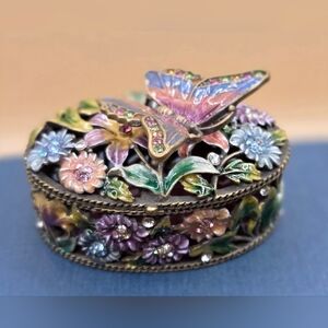 Bejeweled Flower Butterfly Trinket Box Hinged Trinket Box Ring Box Enamel Box